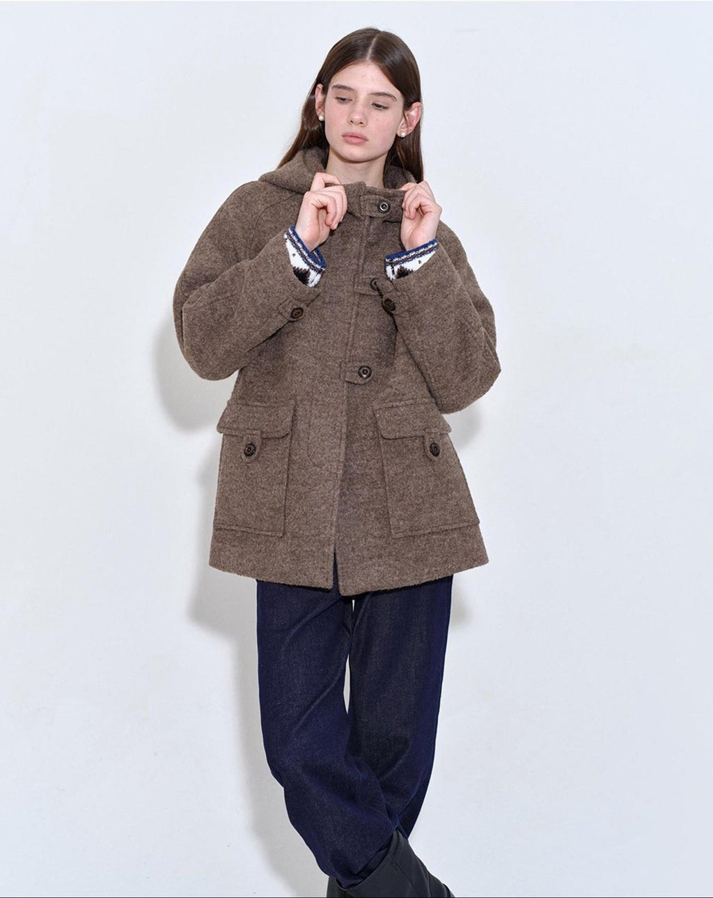 fano 75 Wool 25 Polyester Hooded Loose Fit Korean Commuter Brown Wool Coats