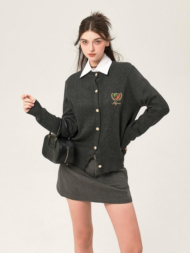 ikyou Embroidered V-neck Minimal Office Knit Button Front Long Sleeve Cardigans