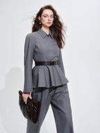 audreyyang Shape Retaining Cinched Waist Herringbone Lapel Women Wool Blend Cropped Jackets