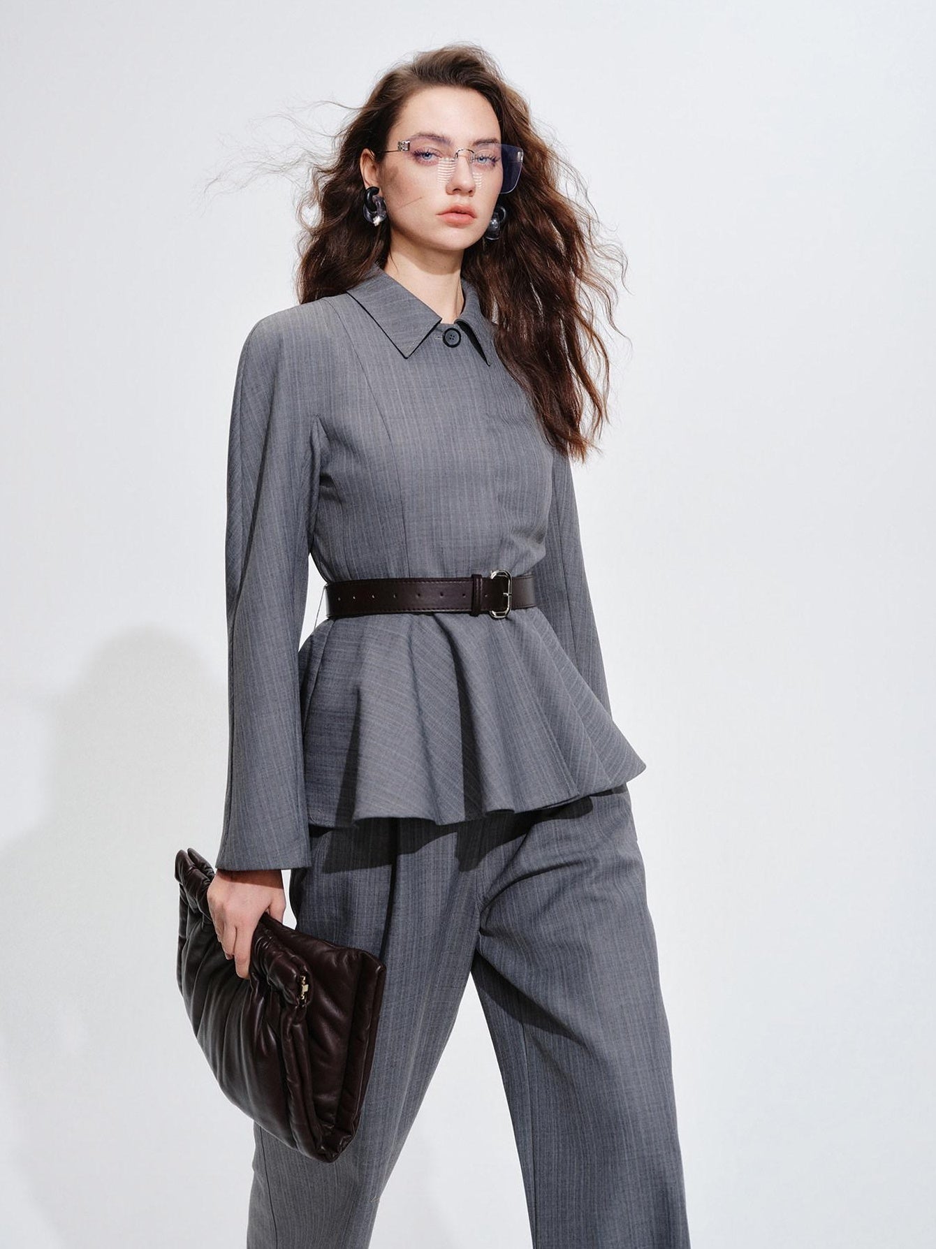 audreyyang Shape Retaining Cinched Waist Herringbone Lapel Women Wool Blend Cropped Jackets