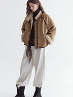 fano Comfortable Colorblock Stand Collar Zip Loose Fit Youth Camel Cropped Jackets
