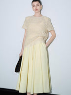 audreyyang 100% Cotton Lined Pleated H Line Mid Waist Bright Yellow Midi Skirts