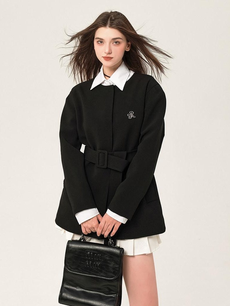 ikyou Versatile Belted Relaxed Fit Office Casual Women Polyester Black Blazers