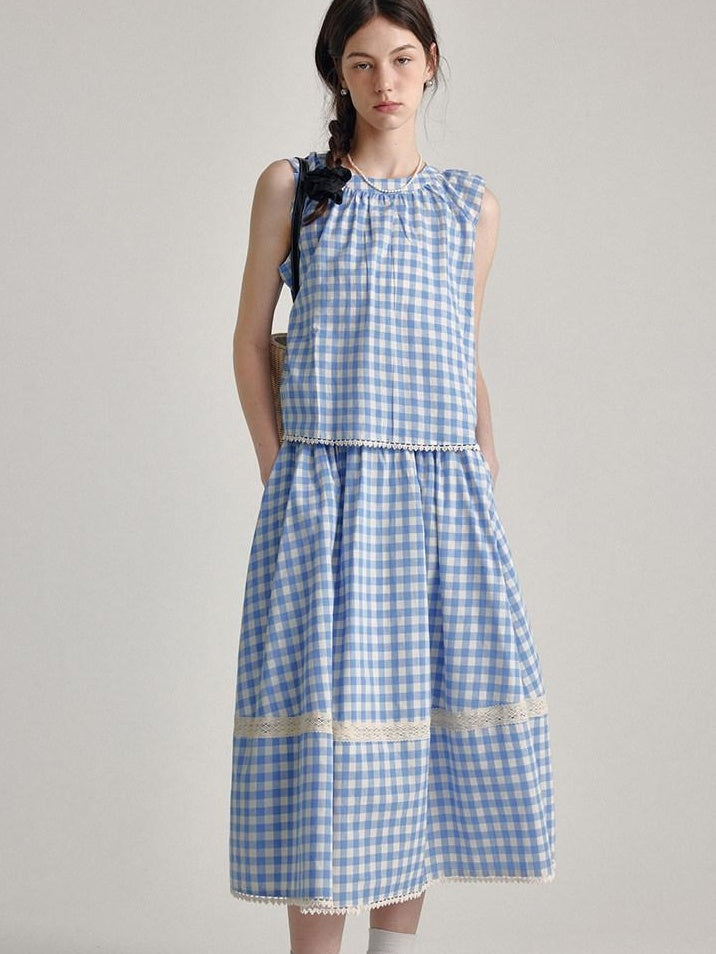 fano 100 Percent Cotton Round Neck Blue White Gingham Top & Skirt Sets