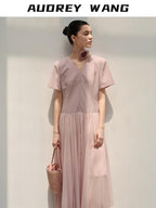 audreyyang Refined Solid V-neck Natural Waist Short Sleeve Casual Polyester Maxi Dresses