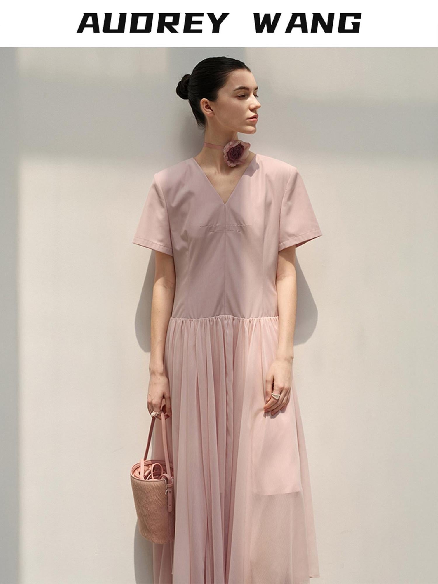 audreyyang Refined Solid V-neck Natural Waist Short Sleeve Casual Polyester Maxi Dresses