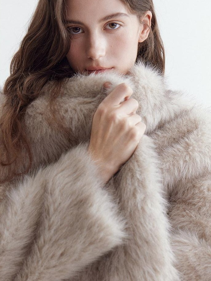 fano Warm Faux Fur Lined Oversized Stand Collar Casual Women Grey Apricot Short Coat