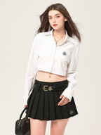 ikyou Embroidered Square Neck Long Sleeve Straight Minimal Poly Cotton Basic Crop Tops