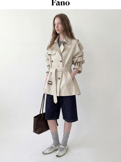 fano Double Breasted Short Loose Fit Commuter For Women Khaki Pink Beige Trench Coats