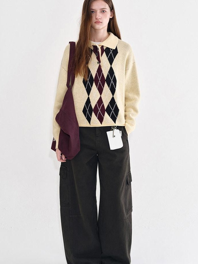 fano Cotton Cashmere Warm Vintage Loose Rolled Edge Pullover Casual Argyle Sweaters