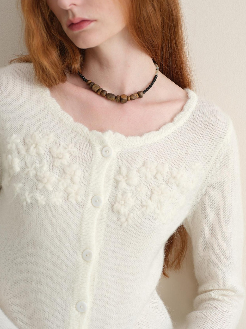 someonesometimes Hand Crochet Wool Floral Scallop Edge Casual Crewneck Button Women Cardigans