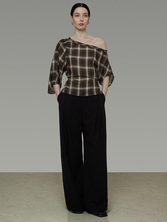 unspoken Breathable Viscose Slim Asymmetric Slant Neck Green Plaid Off Shoulder Crop Tops