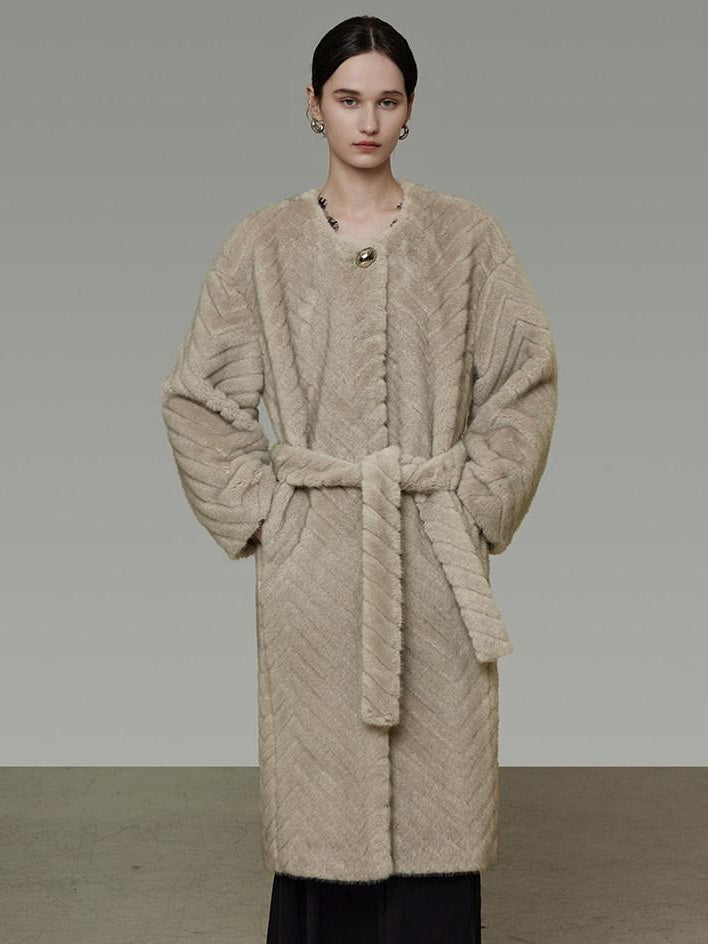 unspoken Warm Thick Beige Loose Fit Collarless Mid Length Commuter Women Long Coats