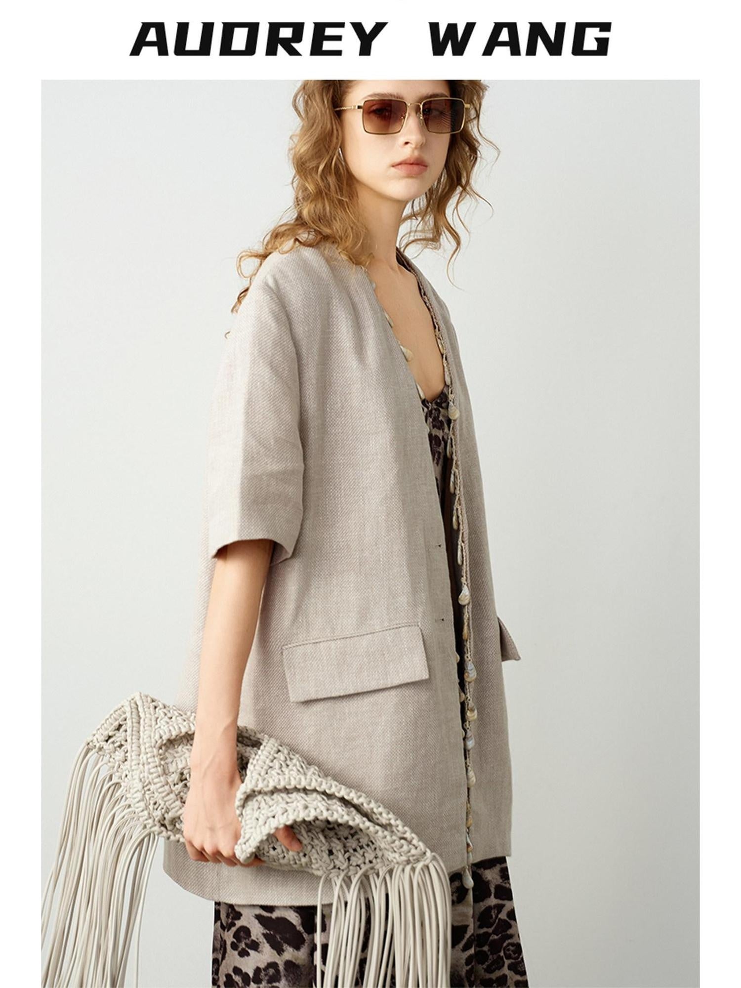 audreyyang Pure Linen Relaxed Short Sleeve Solid Casual Women Lightweight Top & Shorts Sets