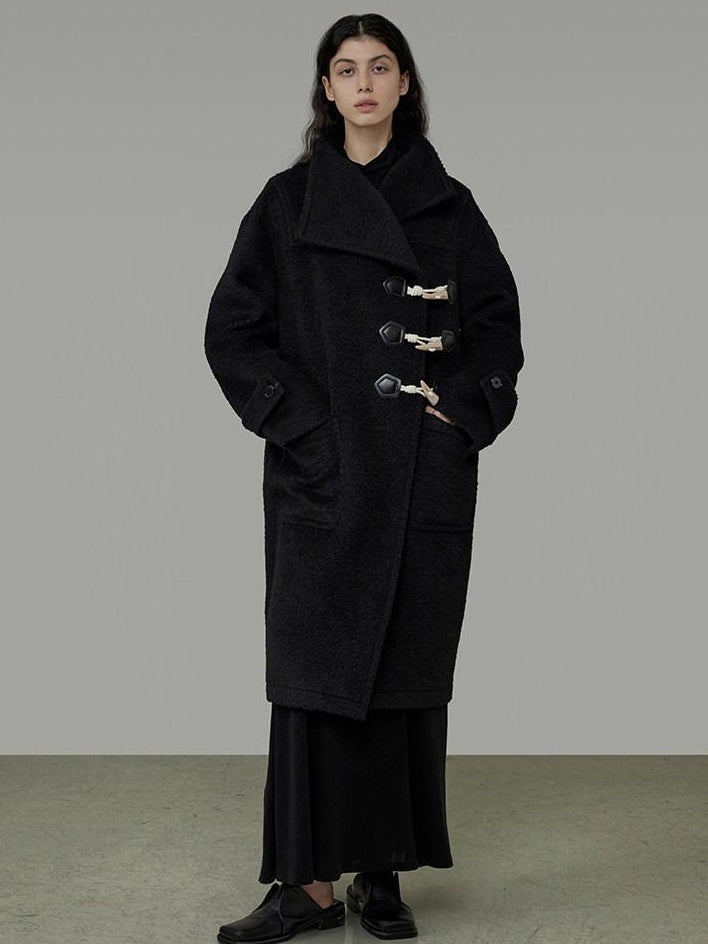 unspoken Warm Thick Long Single Breasted Black Loose Fit Minimalist Office Wool Coats