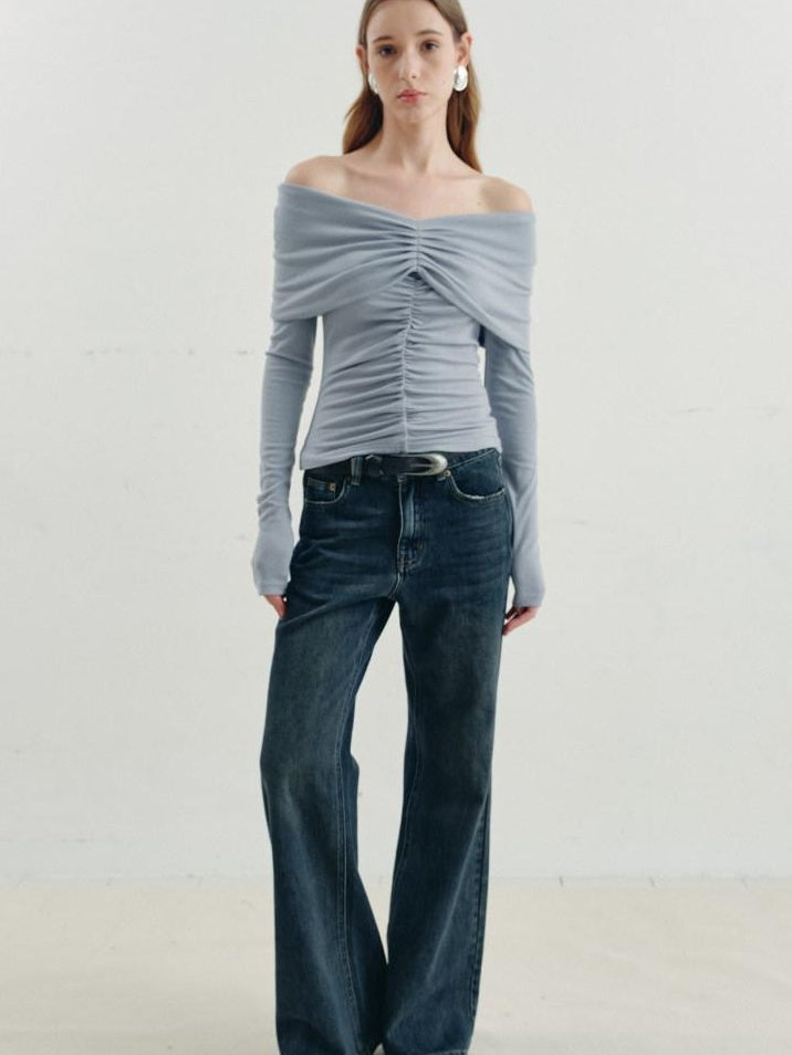 someone sometimes Soft Mist Blue Viscose Blend Slim Fit Round Neck Women Long Sleeve T-Shirts