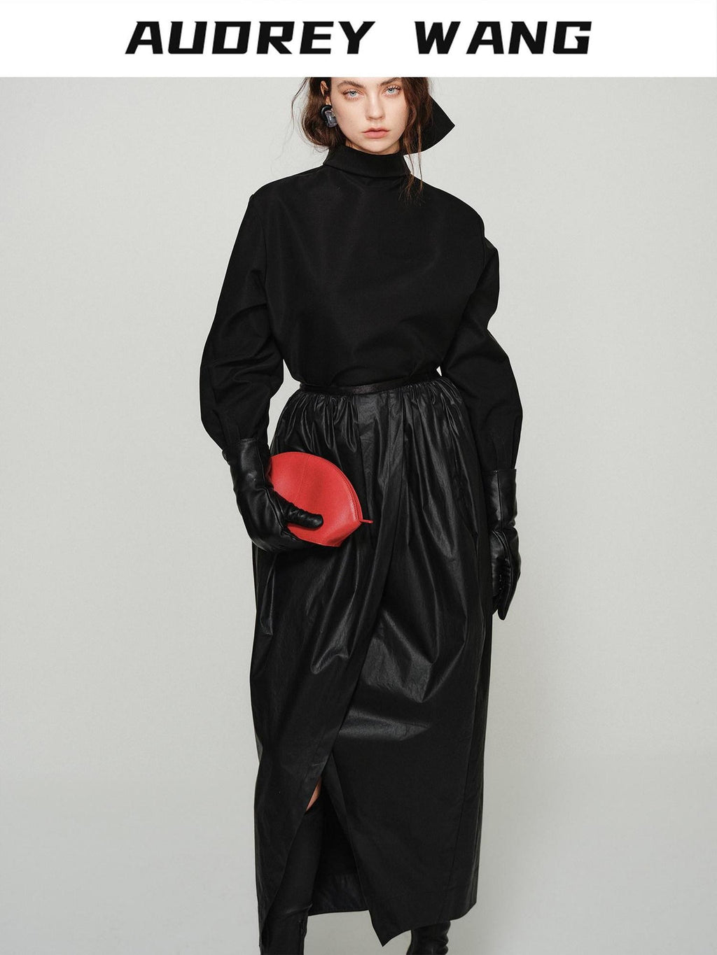 audreyyang Shape Retaining Cotton Pleated Bubble Midrise Elastic Front Slit Midi Skirts