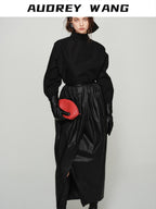 audreyyang Shape Retaining Cotton Pleated Bubble Midrise Elastic Front Slit Midi Skirts