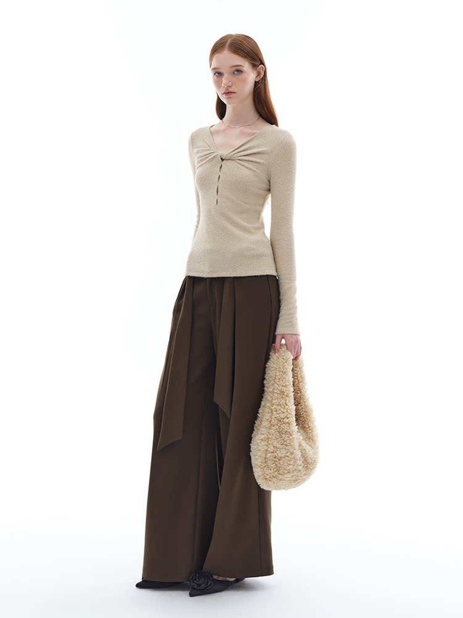 someonesometimes Soft Stretch V-neck Cutout Slim Fit Knit For Women Apricot Long Sleeve T-Shirts