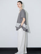 audreyyang Cotton Blend Commuter Patchwork Loose V-neck Heather Gray Short Sleeve T-Shirts