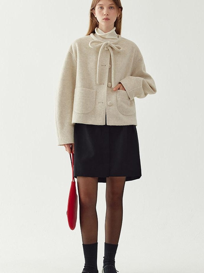 fano Wool Blend Minimal Single Breasted Vneck Pockets Women Cropped Jackets