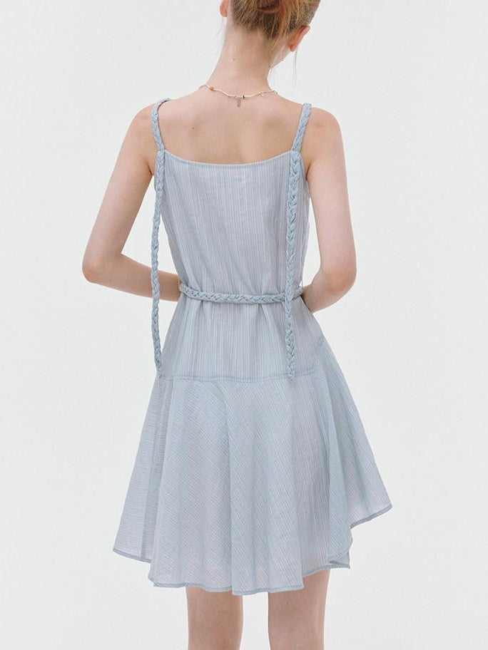 fano Elegant High Waist Aline Sleeveless Tie Waist Lyocell Light Blue Midi Dresses