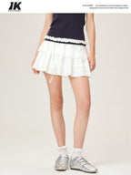 ikyou Soft Cotton Jacquard Lined A Line Puff Skirt Bow Lace Women Daily Mini Skirts