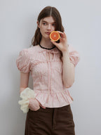 Lofi choose Puff Sleeve Tie Neck Loose Fit Office Workwear Short Sleeve White Pink Blouses