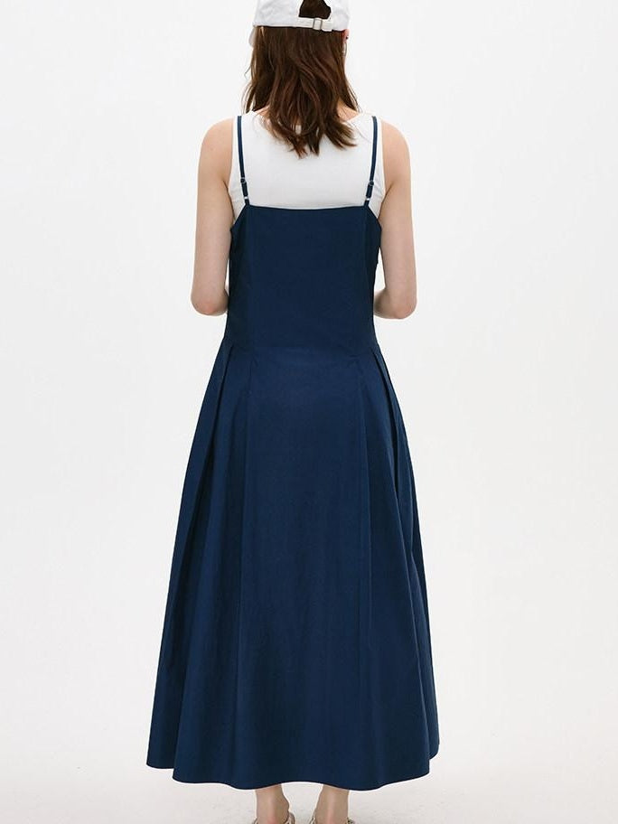fano Cotton Spaghetti Strap A Line V-neck Office Antique Blue Maxi Dresses