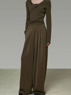 unspoken High Waist Breathable Tailored Loose Solid Brown Green Women Wide Leg Pants