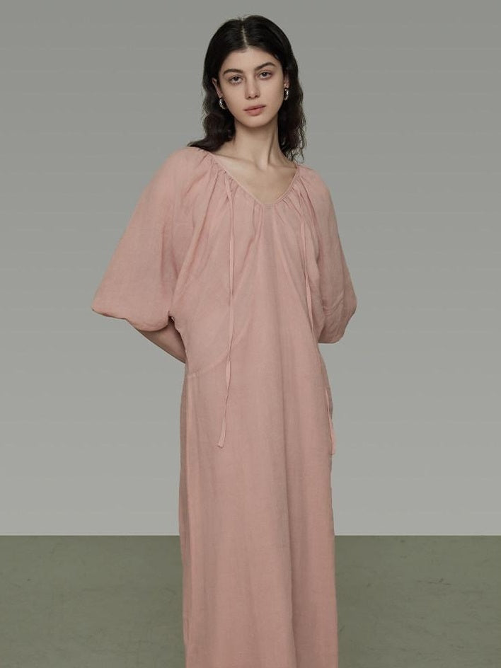 unspoken Breathable Linen Lyocell Blend Minimal A Line V-neck Pleated Women Maxi Dresses