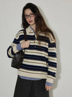 Lofi choose Contrast Polo Collar Striped Loose Office Knit Button Pullover Women Sweaters