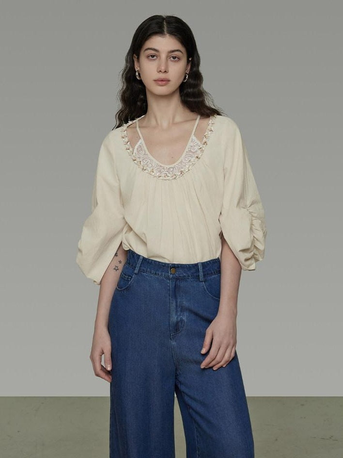 unspoken Durable 100% Cotton Original Relaxed Round Neck Women Beige Solid Blouses