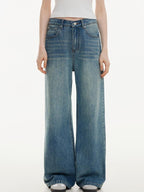 ikyou Washed Distressed Loose Casual Natural Waist Denim Blue Everyday Wide Leg Jeans