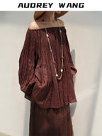 audreyyang Linen Long Sleeve Vintage Loose Round Neck Dusty Rose Women Top & Skirt Sets