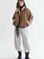 fano Comfortable Colorblock Stand Collar Zip Loose Fit Youth Camel Cropped Jackets