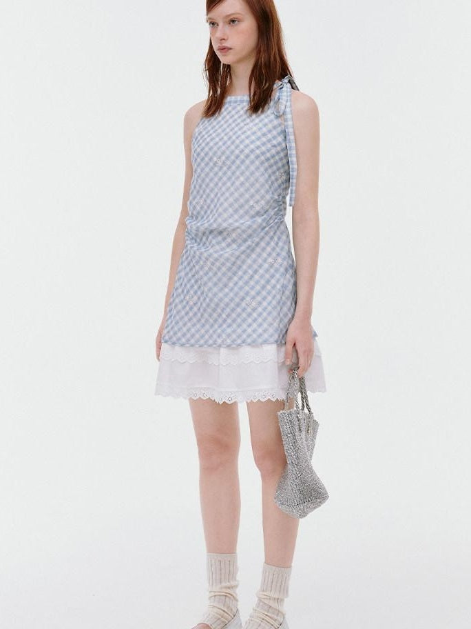 fano Soft Cotton Blend Halter Plaid Korean Office Hline Square Neck Midi Dresses