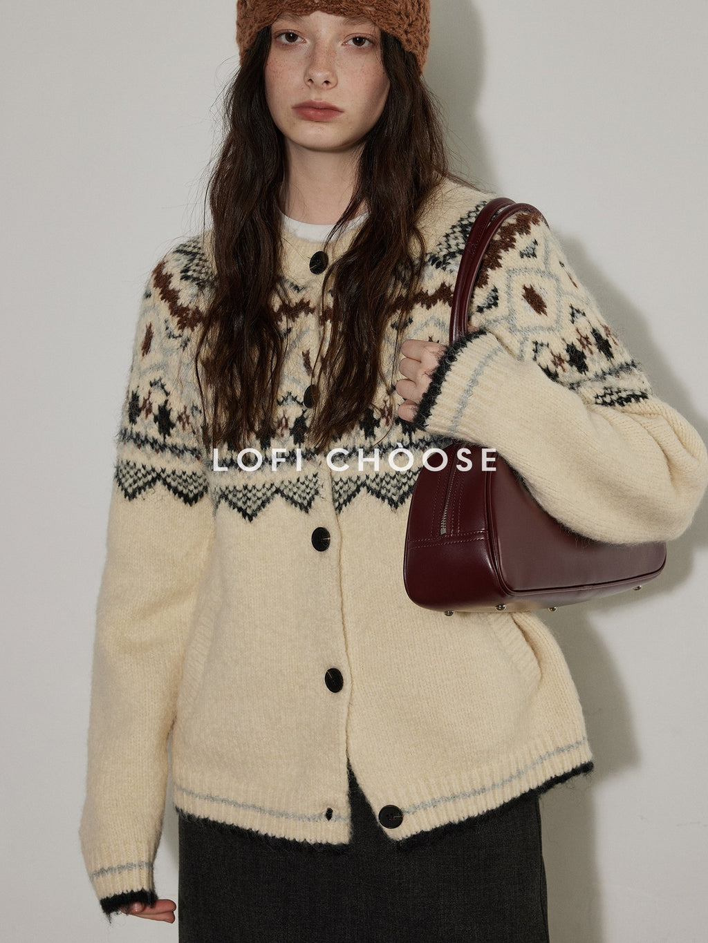 Lofi choose Soft Thick Knit Retro Geometric Button Front Round Neck Women Cream Cardigans
