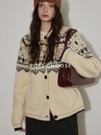 Lofi choose Soft Thick Knit Retro Geometric Button Front Round Neck Women Cream Cardigans