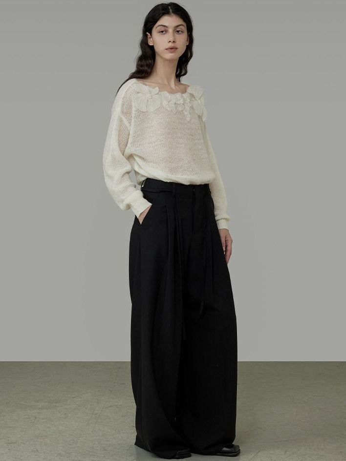 unspoken Soft Knit 3D Embellishment Loose Round Neck Long Sleeve Women White Blouses