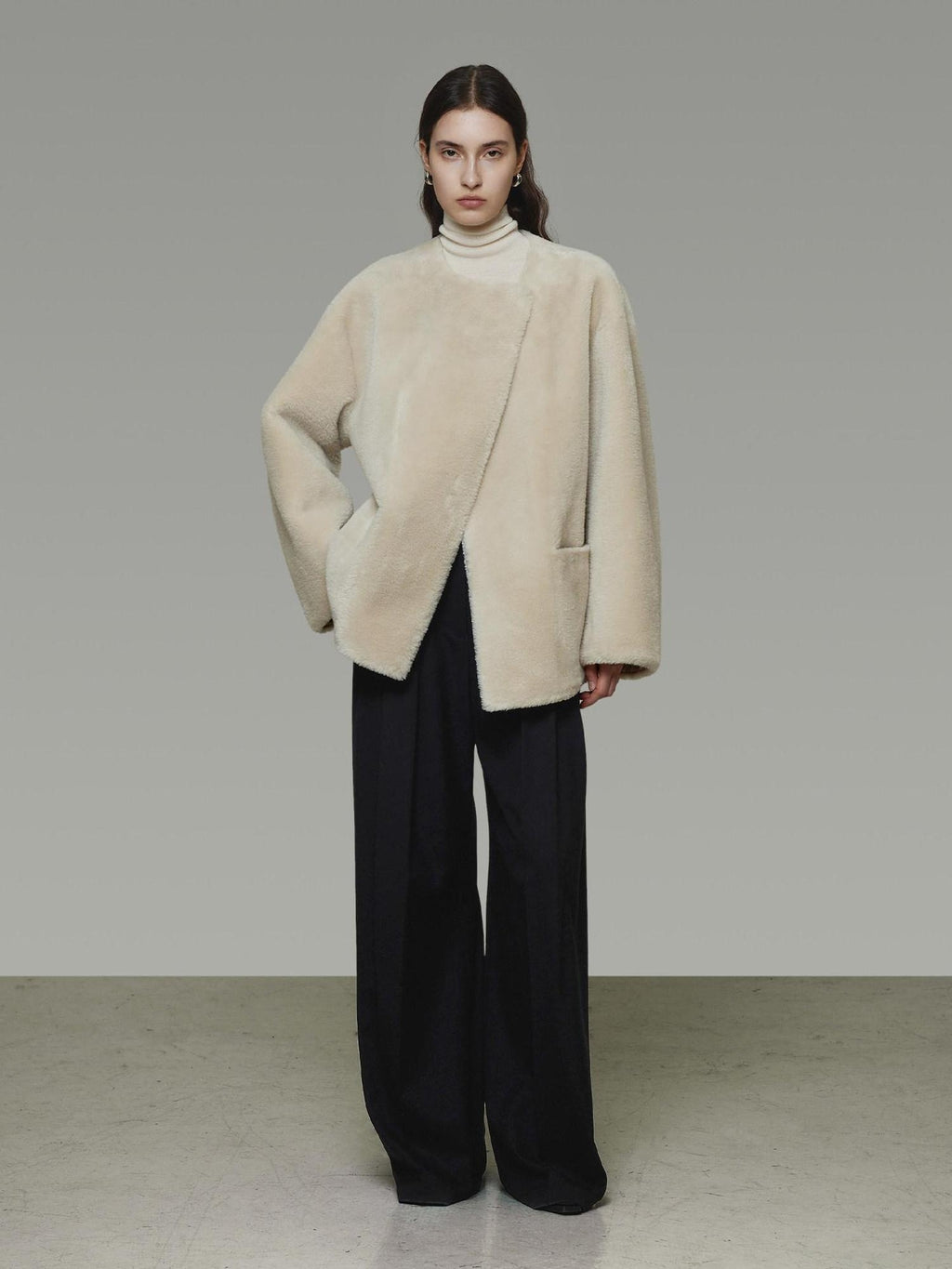 unspoken Warm Cream Collarless Minimalist Relaxed Fit Women Polyester Short Coat