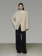 unspoken Warm Cream Collarless Minimalist Relaxed Fit Women Polyester Short Coat