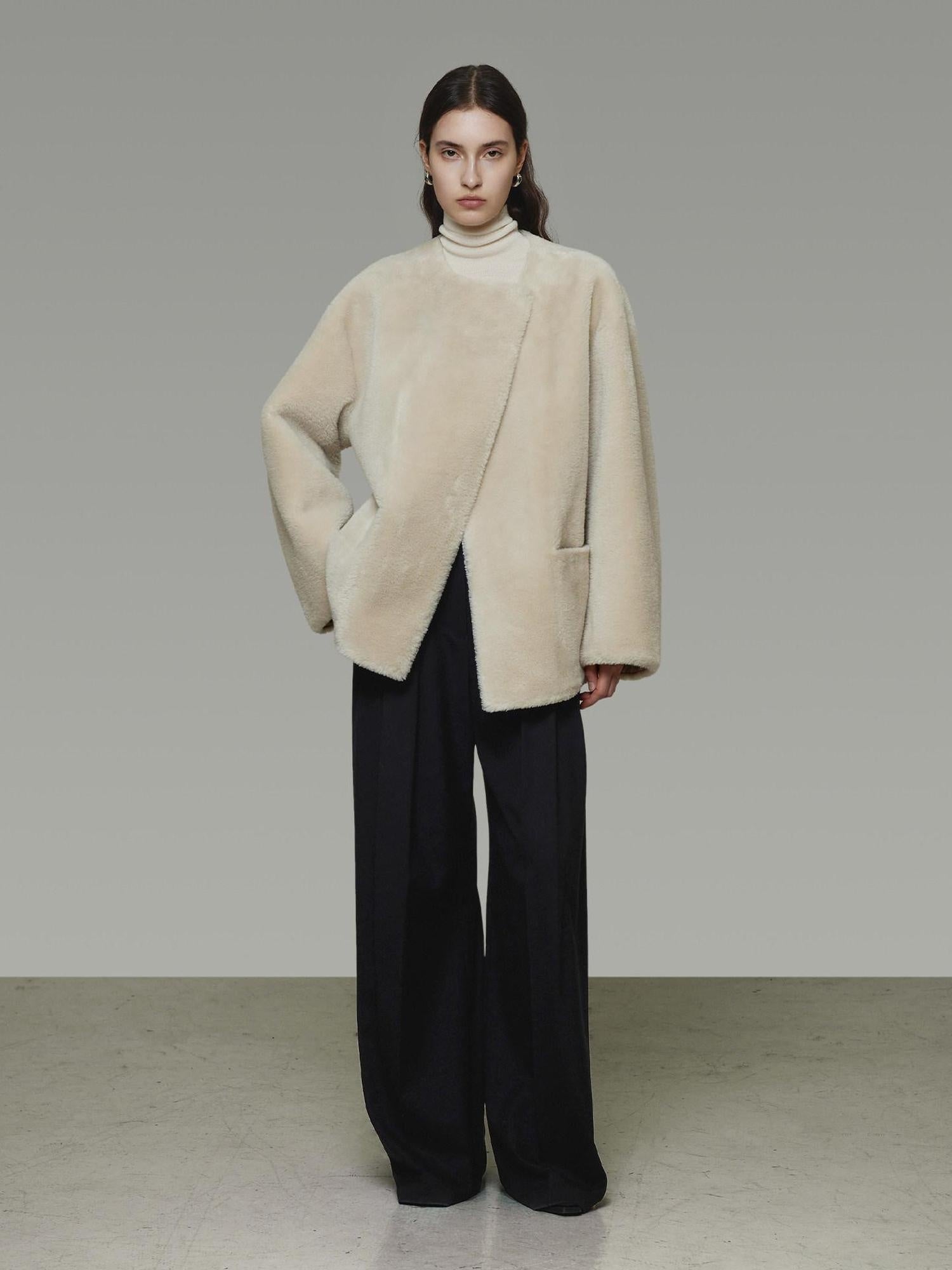 unspoken Warm Cream Collarless Minimalist Relaxed Fit Women Polyester Short Coat