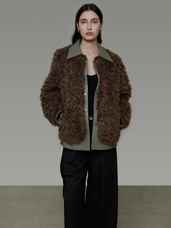 unspoken Warm Patchwork Lapel Loose Fit Minimalist Women Chestnut Short Coat