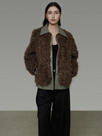 unspoken Warm Patchwork Lapel Loose Fit Minimalist Women Chestnut Short Coat