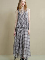 someonesometimes Flattering Commuter Slim Tie Strap Plaid Vest And Skirt Women Top & Skirt Sets