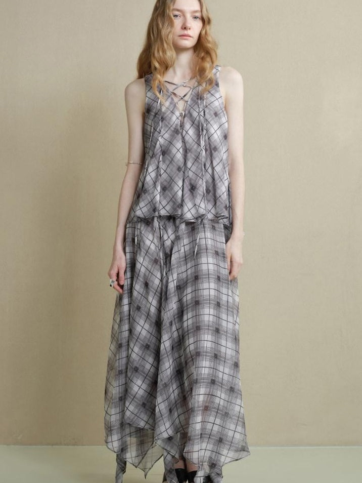 someonesometimes Flattering Commuter Slim Tie Strap Plaid Vest And Skirt Women Top & Skirt Sets