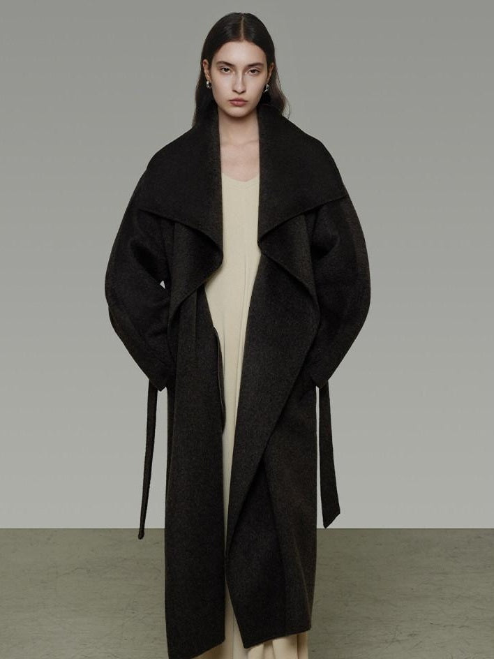 unspoken Pure Sheepswool Long Belted Lapel Loose Tailored Office Coffee Brown Wool Coats