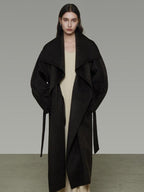 unspoken Pure Sheepswool Long Belted Lapel Loose Tailored Office Coffee Brown Wool Coats