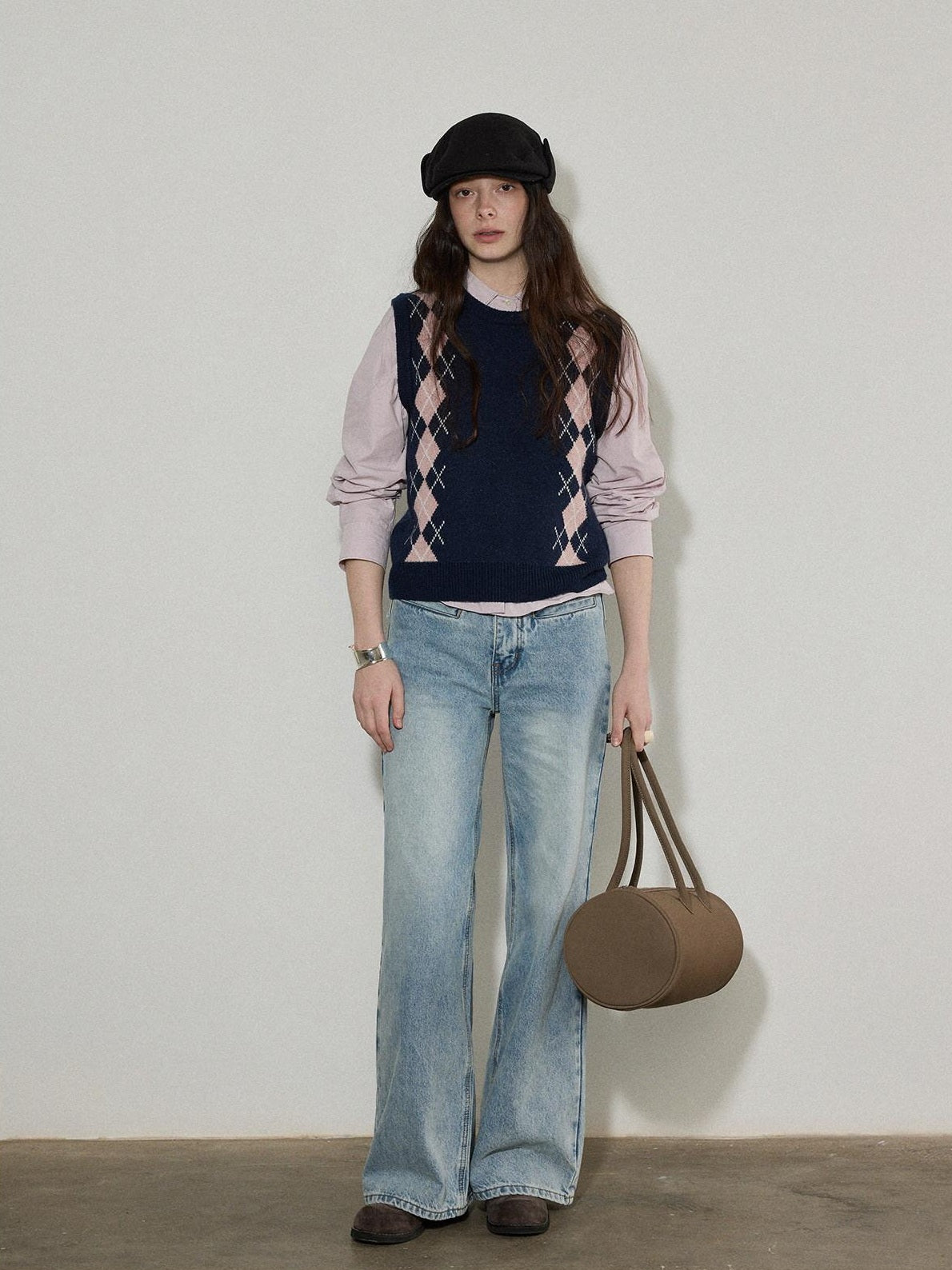 Lofi choose Cozy Colorblock Argyle Loose Fit Commuter Round Neck Women Navy Sweaters